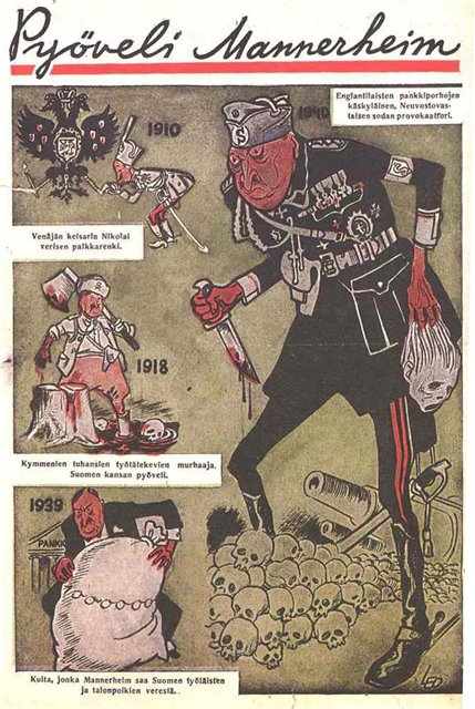 Советский пропагандистский плакат на финском языке, изображающий Маннергейма палачом.